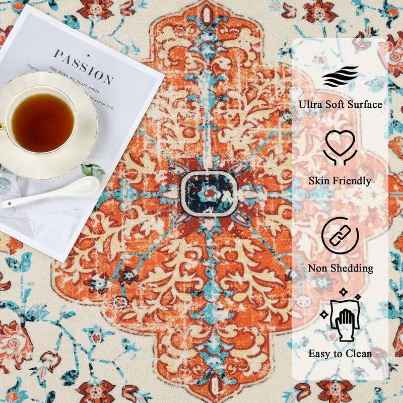 Boho Vintage Area Rug Machine Washable Low Pile Soft Floor Carpet