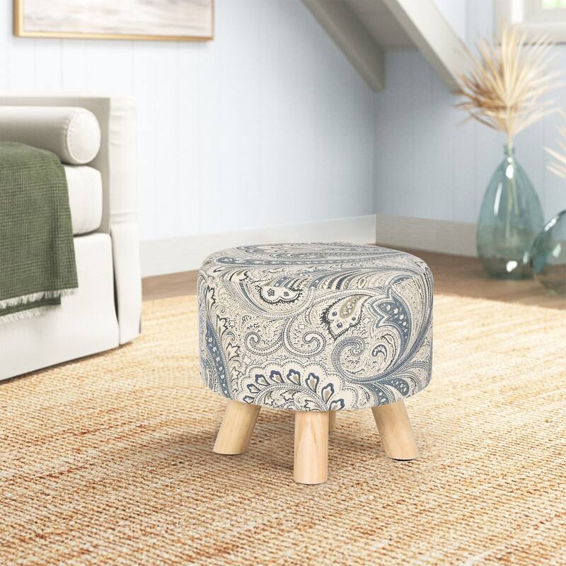 Asense Round Ottoman Foot Rest Stool Linen Fabric Padded (Set of 4)