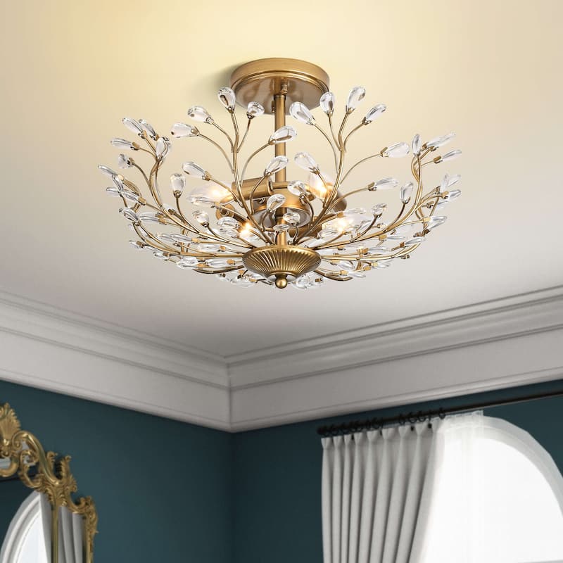 Flavia 4-light Crystal Beaded 9-Branch Semi-Flush Mount - 18 inches in diameter x 12 inches H - Brushed Brass