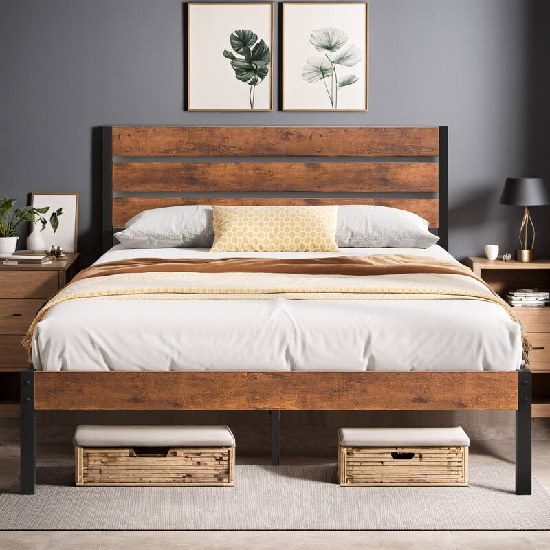 3-Pieces Bed Frame with Wood Headboard and Modern Nightstands Set of 2