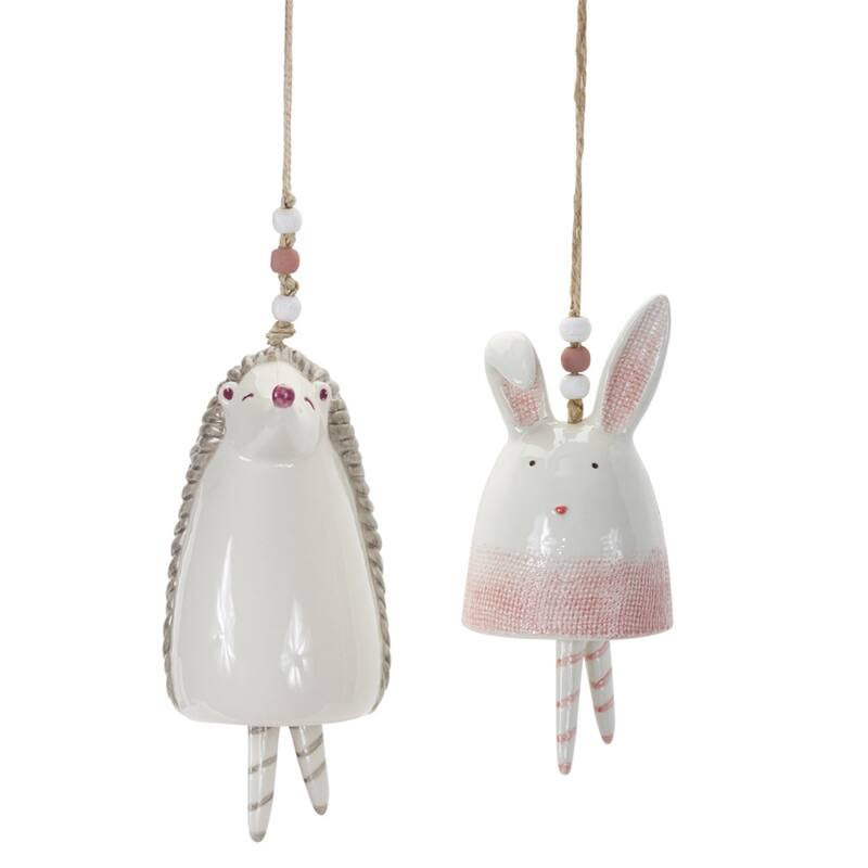 HomeRoots Set of Four 7" Pink And White Resin Hedgehog Model Bell Tabletop Sculpture - 3.5' X '7' X '3