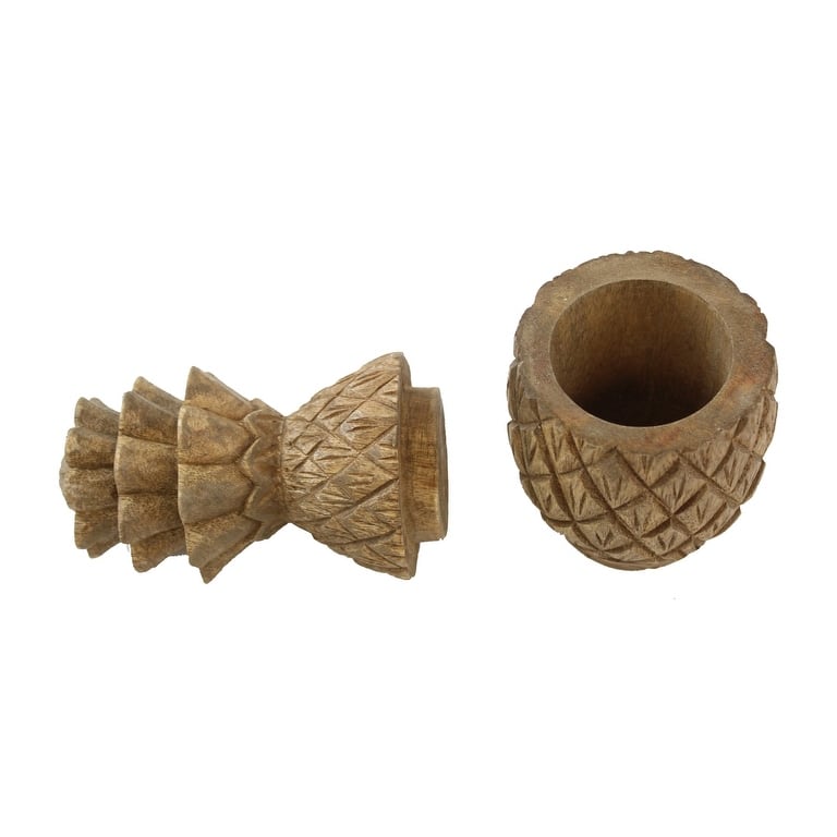 Pineapple Lidded Trinket Box Carved Wood Natural Finish Lift Off Lid - Brown