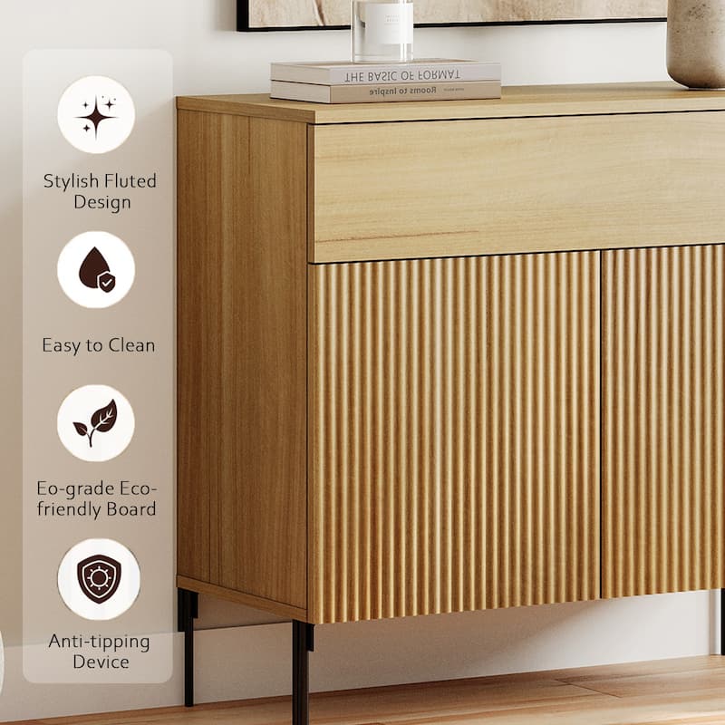 63" Wooden Reeded Sideboard With Doors And Drawers, 3-In-1 Modern Credenza With Charging