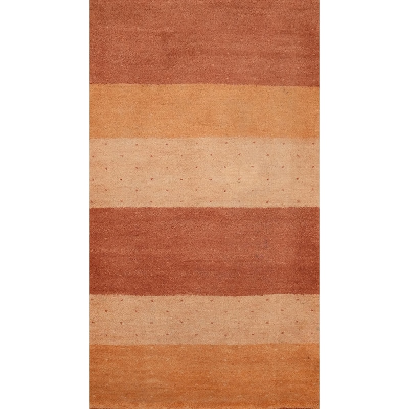 Hand Knotted Oriental 100% Wool Carpet Modern Stripe Oranges & Rust Gabbeh Area Rug - 4' 5'' X 2' 4''