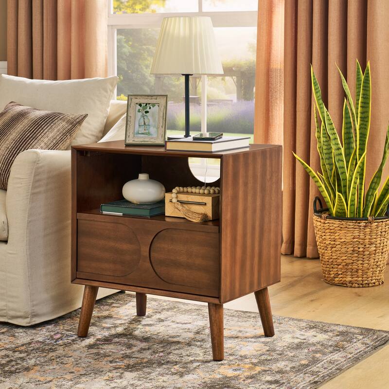 Mid Century Modern Walnut Nightstand with USB Ports, Outlet Hole, Drawer & Open Shelf, Fluted Design, MDF Frame