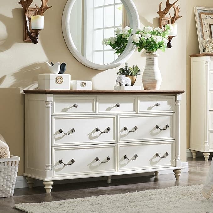 Farmhouse 7 Drawers Dresser Chests, Rustic Wood Chest of Drawers - Antique White