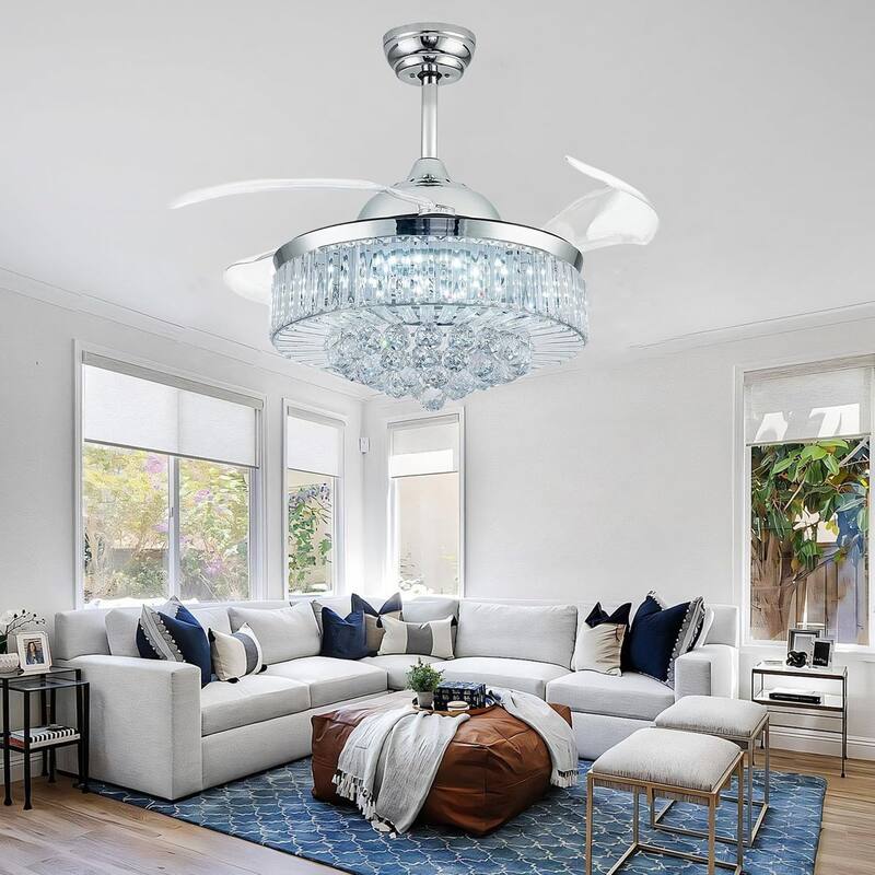 42" Fandelier Ceiling Fan with Light, Retractable Chandelier Fan LED Dimmable Crystal Ceiling Fan for Bedroom Living Room
