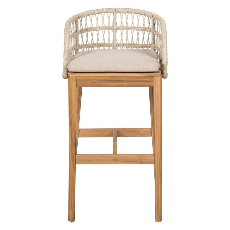 Roomfitters Laguna Outdoor Wood and Rope Barstools with Cushions, Teak Finish and Beige Set of 2