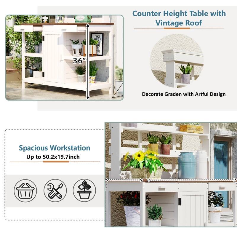 Outdoor Garden Potting Bench Table Workstation Planting Bench with 2 Drawers, Cabinet and Open Shelves for Backyard, Mudroom