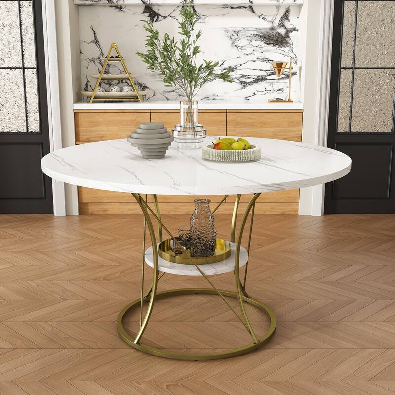 43 to 59 Inch Extendable Round Dining Table for 4-6 - Farmhouse Kitchen Table with Storage Shelf & Metal Base