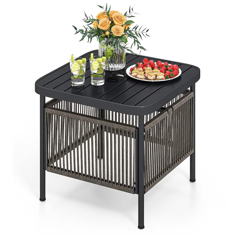 Outdoor Rustic Wood Patio Side Table with 2-Tier Storage and Umbrella Hole Metal Frame - 20.5" x 18" x 18"