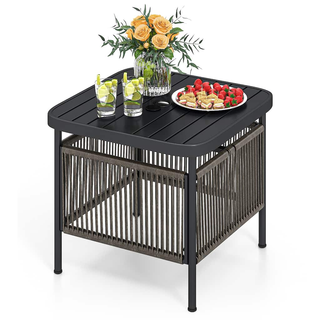 Outdoor Rustic Wood Patio Side Table with 2-Tier Storage and Umbrella Hole Metal Frame - 20.5" x 18" x 18"