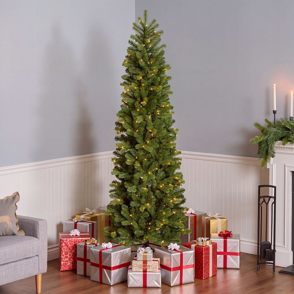 National Tree Company 7.5 ft. Feel Real® Downswept Douglas® Fir Pencil Slim Hinged Tree with 350 Dual Color® LED Lights