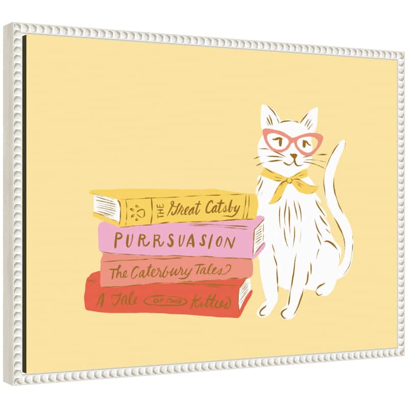Kate and Laurel Book Lover Cat 4 by Krissy Mast Framed Canvas Wall Art Print - 24 x 18 - White