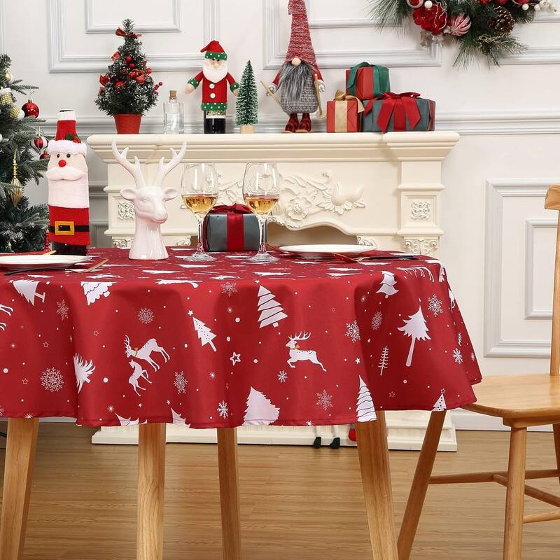 Christmas Round Tablecloth Waterproof Holiday Xmas Decor, Red