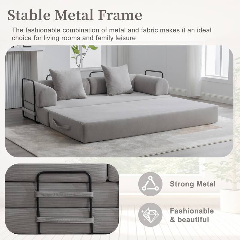 Foldable Modular Couch Sleeper Loveseat Sofa Bed with Storage Side Pocket, Detachable Metal Frame and Corduroy Fabric Cover
