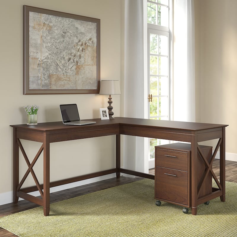 Key West 60W L Shaped Desk with Mobile File Cabinet by Bush Furniture - Bing Cherry