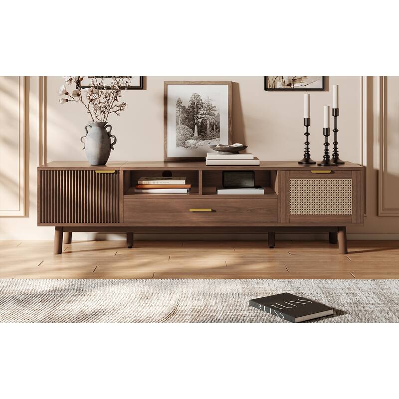 Roomfitters Modern TV Stand for 75 Inch TV, Cabinet with Soft Closing Door and Drop Down Door, Living Room Console, Walnut