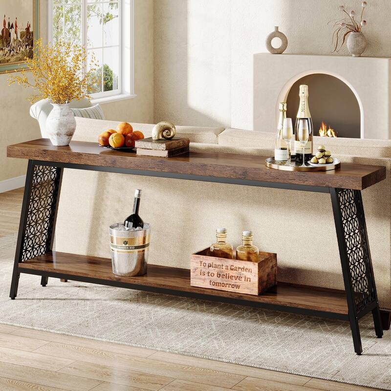 70.9" Extra Long Console Table, 2-Tier Sofa Table, Industrial Entryway Table for Living Room - Brown/Black