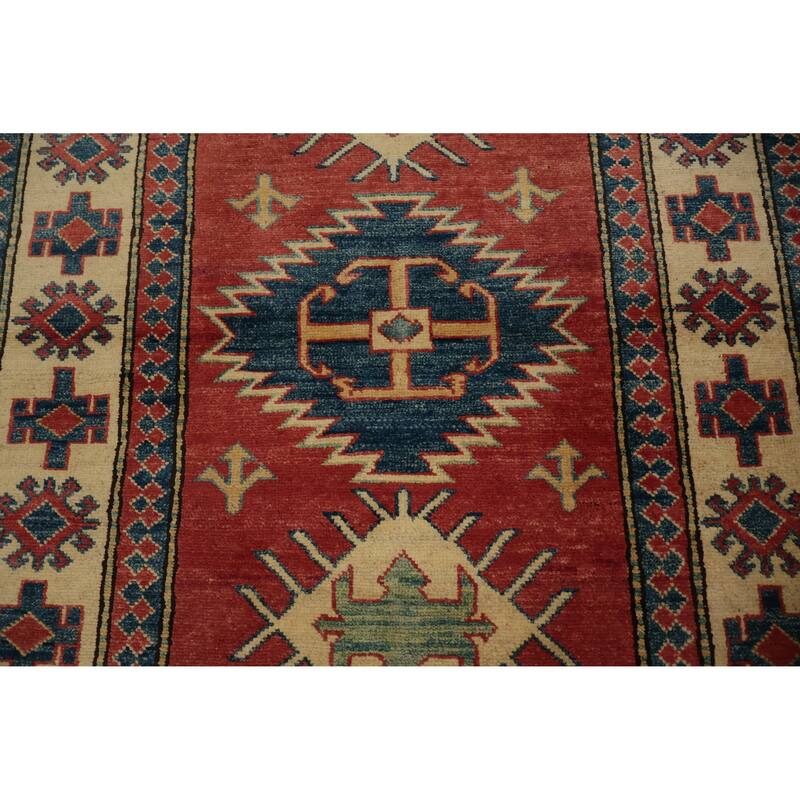 Hand Knotted Oriental 100% Wool Carpet Traditional Geometric Red Kazak Area Rug - 4' 11'' X 3' 8''
