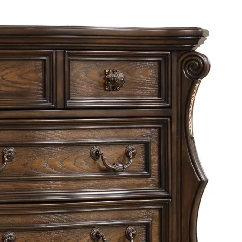 Leova Tall Dresser Chest, 6 Drawers w Ornate Molding, Brown Asian Hardwood