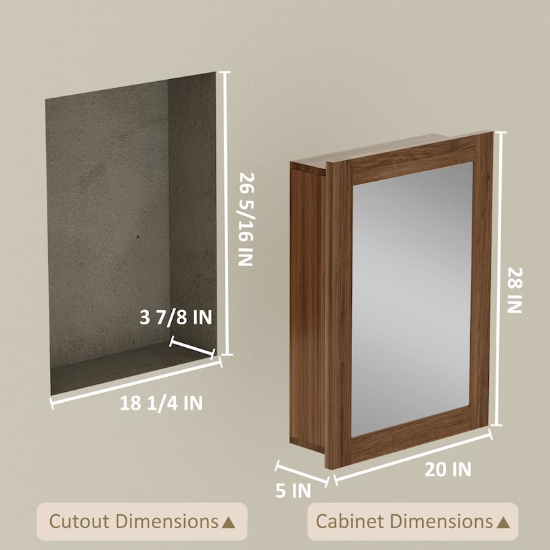 Wood Medicine Cabinet with Mirror, Adjustable Shelves, Walnut, Recessed/Wall Mount