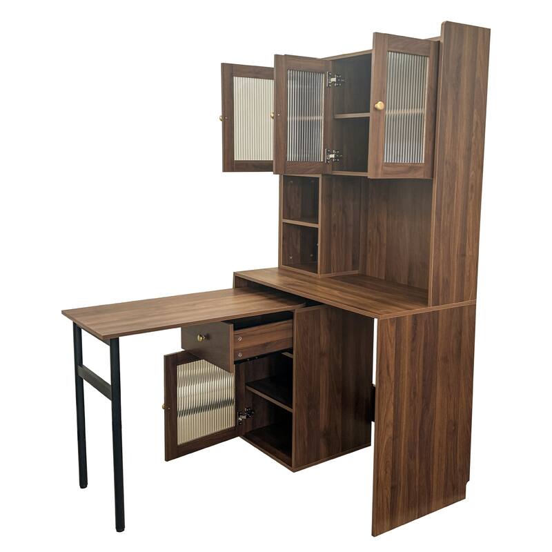 Roomfitters Computer Desk with Hutch and Rotating Table, Home Office Workstation with Glass Cabinet Doors
