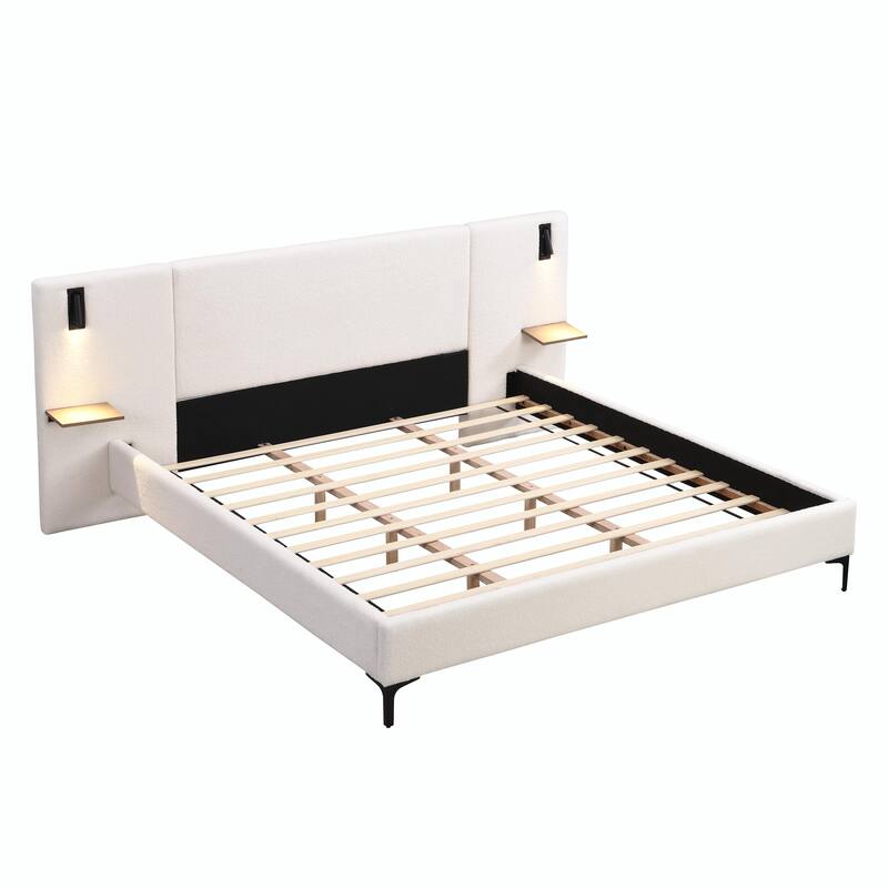 Chic Bouclé Upholstered Bed with Integrated Lighting and Shelves