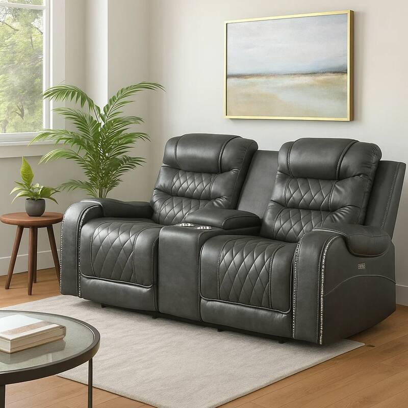 Paul 78 Inch Power Recliner Loveseat, Cupholder Console, Gray Faux Leather