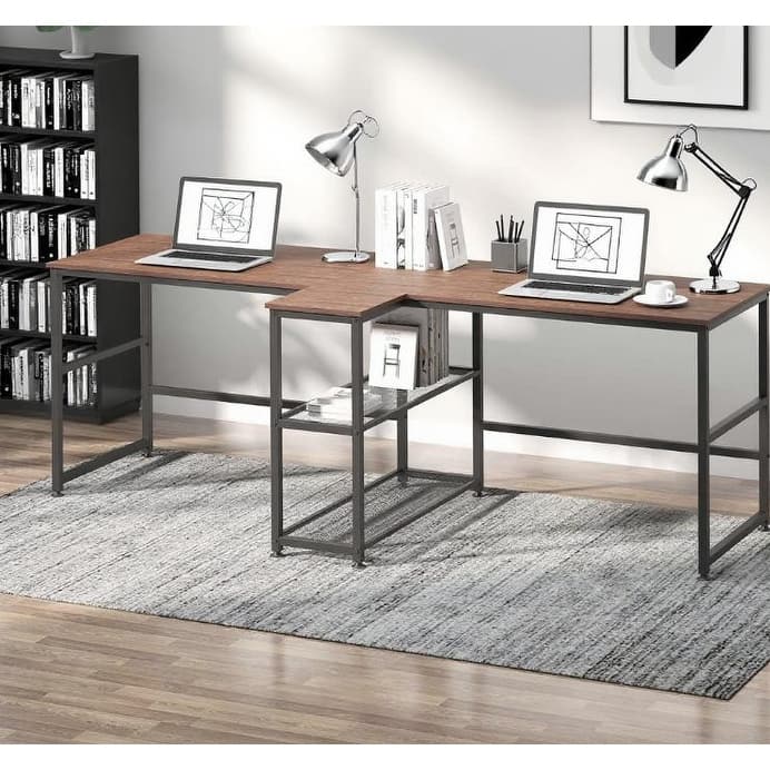 Desk Two Person Computer Desk with Storage Shelves, Double Desk Workstation with Book Shelf