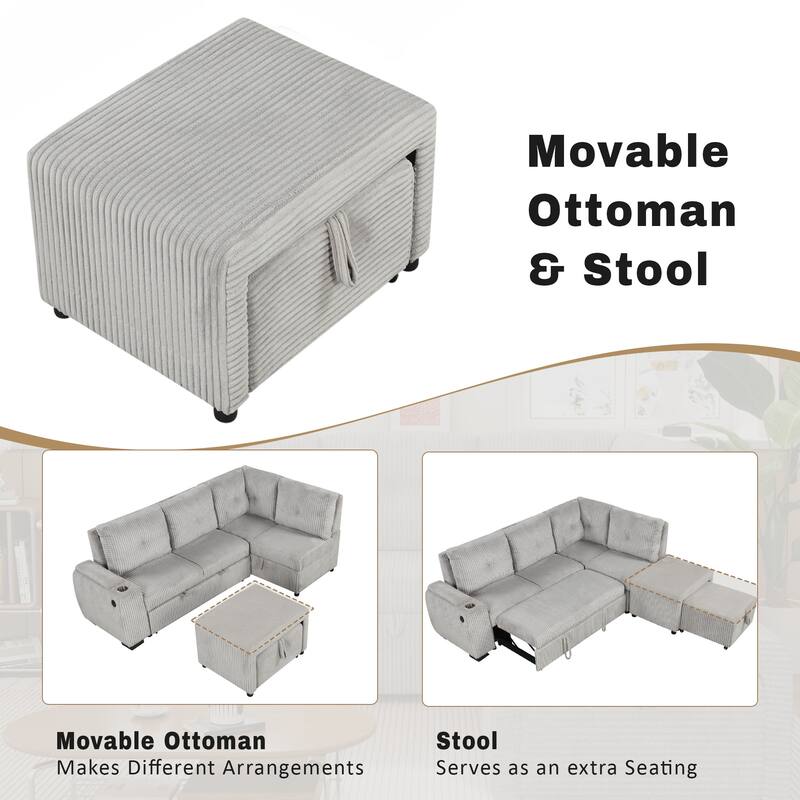 94" Corduroy Sectional Sofa Bed with Ottoman, Storage & USB Ports