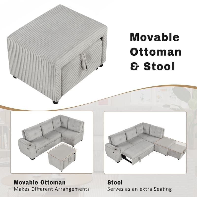 94" Pull-Out L-Shaped Sectional Sofa with Movable Ottoman,Stool,Cup Holder and Two USB Ports