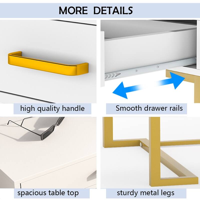 Modern Computer Desk with 2 Drawers, 39.4" Modern Simple White and Gold Writing Desk with Storage Drawers