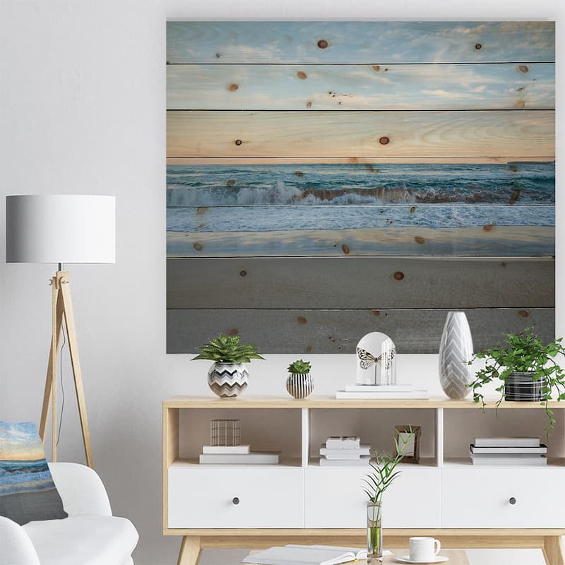 Designart 'Blue Splashing Scene Beach' Nautical & Coastal Wood Wall Art Décor - Natural Pine Wood