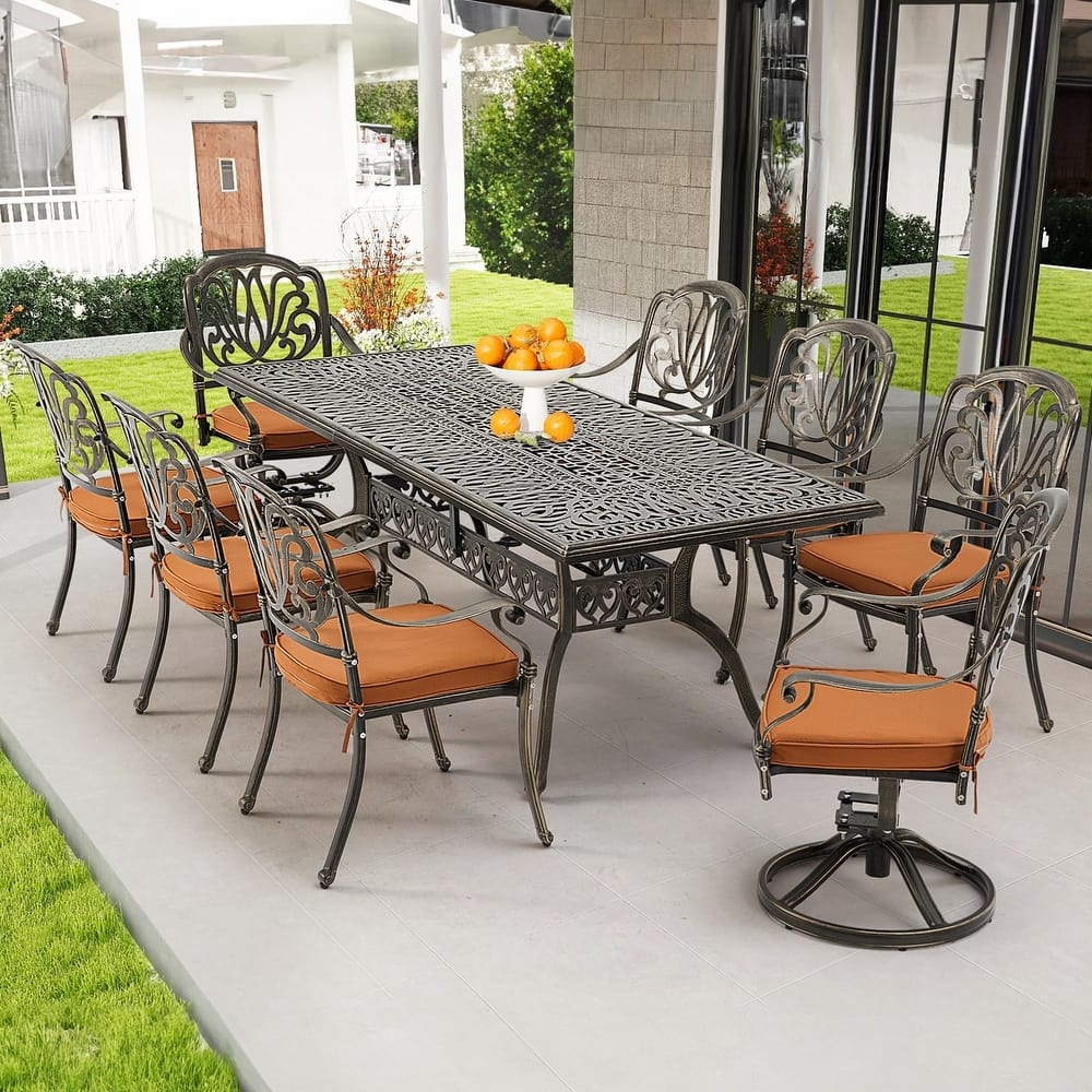 Versatile Outdoor Dining Sets w Swivel/Folding Chairs & Steel Slat Table and HDPE Dining Table Set for Gardens, Patios