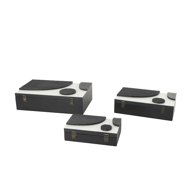 Black Wood Handmade Decorative Box with 3D Geometric Accents (Set of 3) - 9"W x 15"L x 4"H