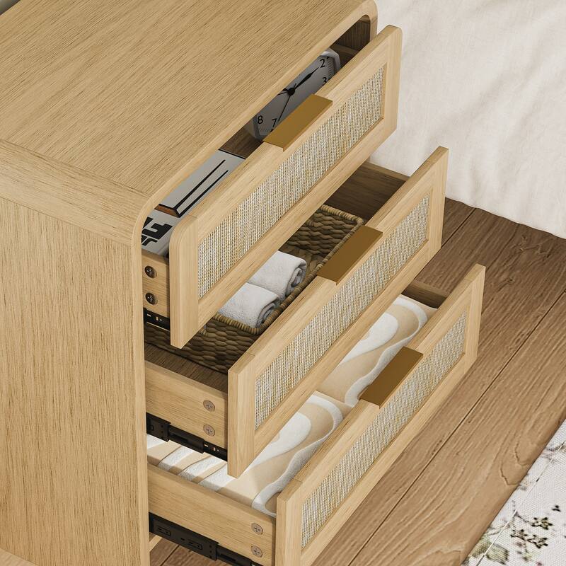 Rattan Nightstand with 3 Drawers Set of 2, 22.8" Wide Curved Wooden Bedside Table, Modern Storage for Bedroom