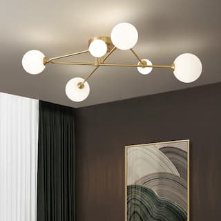 6-Light Brass Geometric Arm Opal Glass Globe Semi Flush Mount
