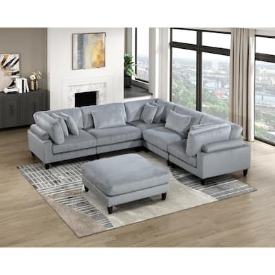 6pc Gray Corduroy Modular Sectional Set with 8 Pillows, Solid Wood Frame, Reversible Cushions, 300lbs/Seat