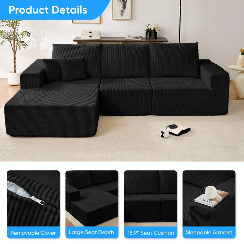 Mixoy W108"Corduroy Fabric Sectional Couch,3-Pieces Free-Combined Cloud Modular Modern L-Shaped Sofa with Chaise Lounge