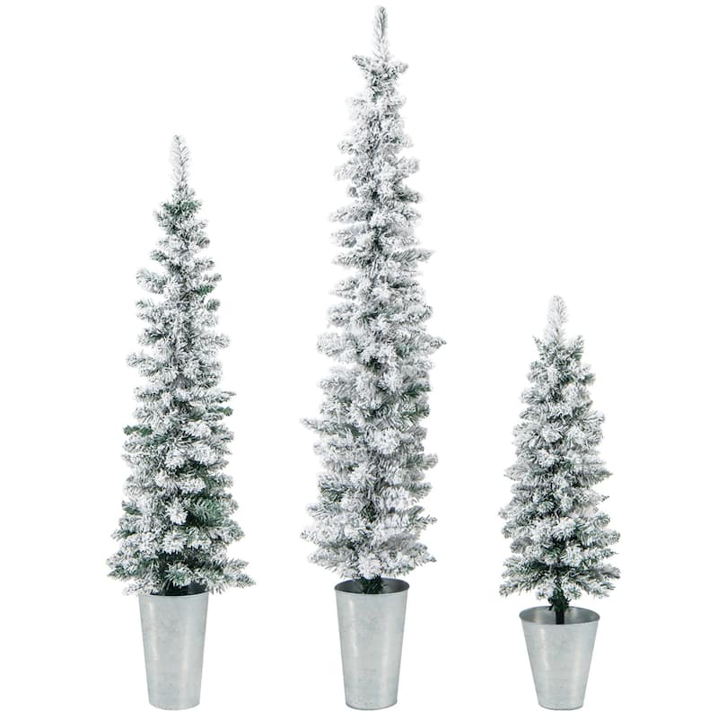 3/4/5 FT Potted Artificial Christmas Tree Snow-Flocked Slim Faux Trees - White+Green