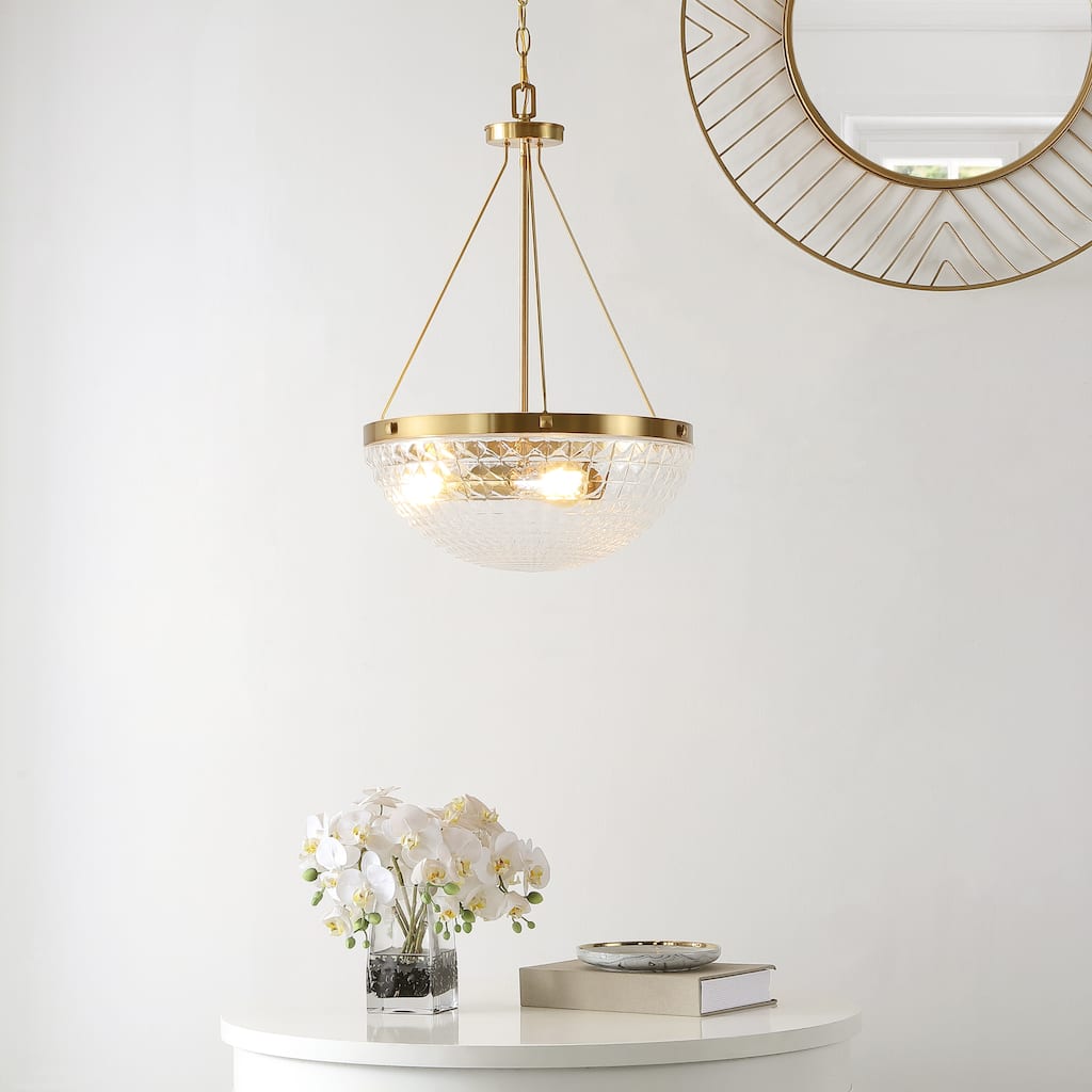 SAFAVIEH Lighting Tressy 3-light 16.5-inch Pendant - 17" W x 17" D x 30-102" H - Brass Gold/Clear Glass - 17Wx17Dx102H