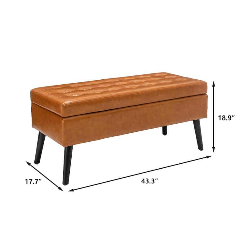 43.3" Storage Ottoman Bench with 300lb Seating, Linen Upholstered Wood Legs Safety Hinge Flip Top