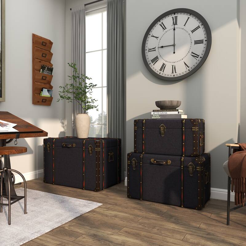 Blue Linen Fabric Nesting Upholstered Decorative Trunk with Buckle Hinged Top (Set of 3)