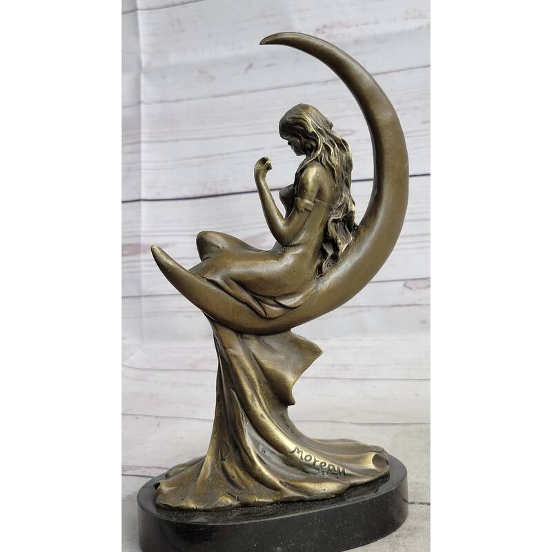 High Life Girl On Moon Bronze Statue Sculpture Figure 9 Inches X 6 Inches