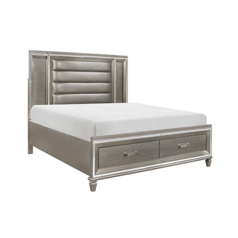 Rosalinda 4 Piece Gray Modern Faux Leather Upholstered LED Storage Platform Bedroom Set
