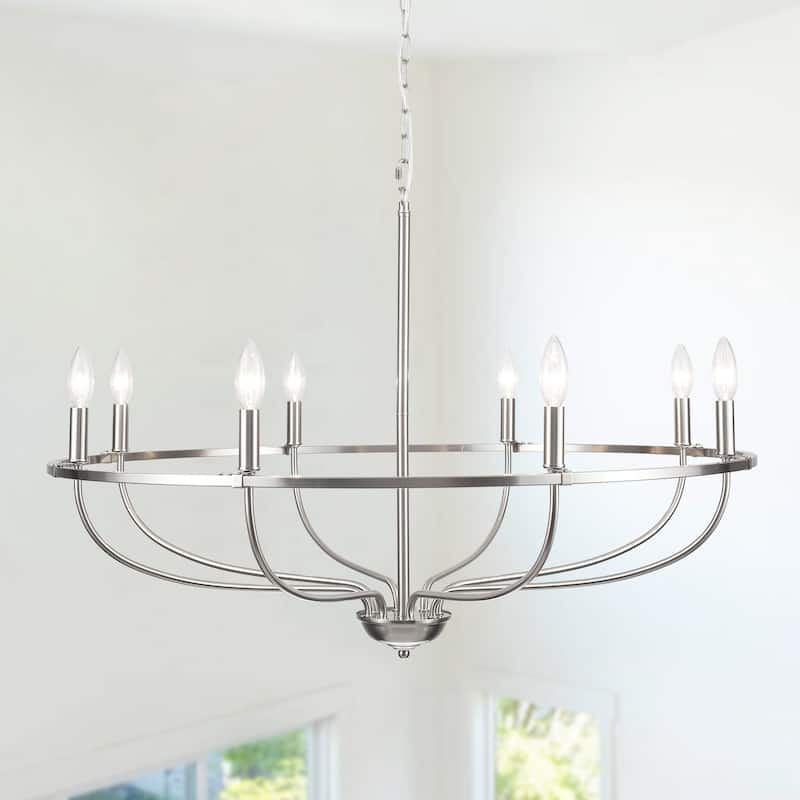 8-Light Wagon Wheel Chandelier, Traditional Metal Ceiling Light for Dining Room Living Room Bedroom Kitchen - W35.43"x H10.39" - Nickel