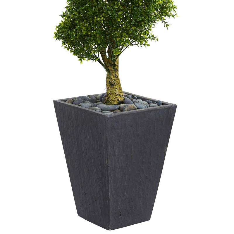 5ft Boxwood Spiral Topiary Artificial Tree in Slate Planter with UV Resistant Greenery for Entryway or Garden Decor