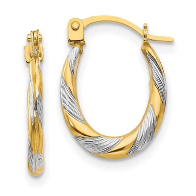 Curata 14k Yellow Gold and Rhodium Twisted Textured Hoop Earrings 15x10mm