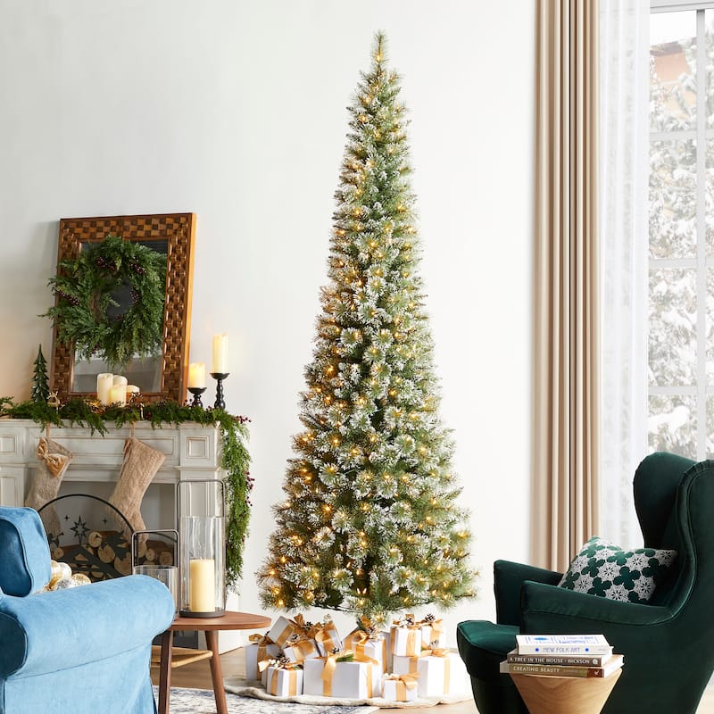 Glitzhome 7.5/9 FT Pre-Lit Frosted Cashmere Pencil Pine Artificial Christmas Tree with Clear Lights Remote Control